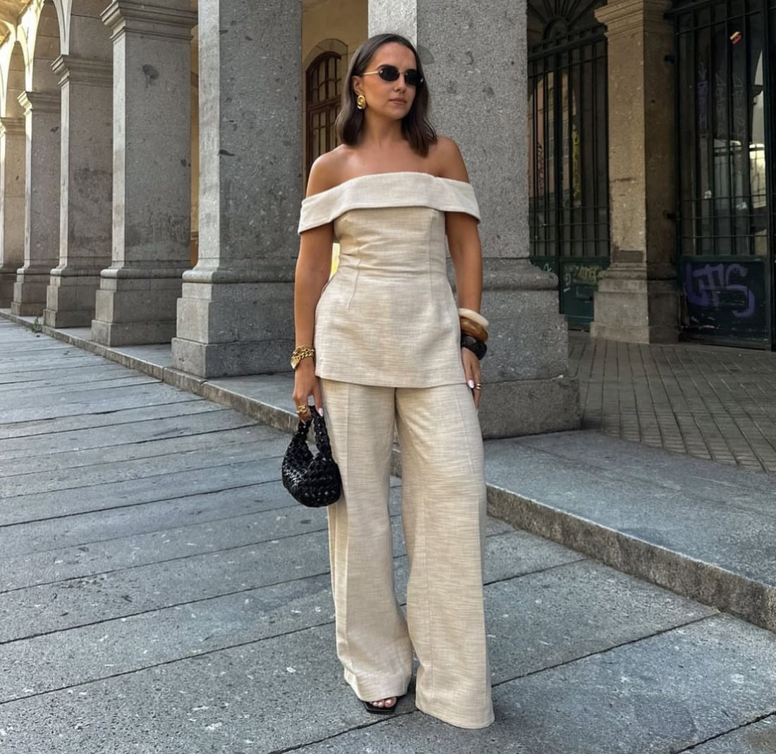 Linen Luxe – Off-Shoulder Set in Sand