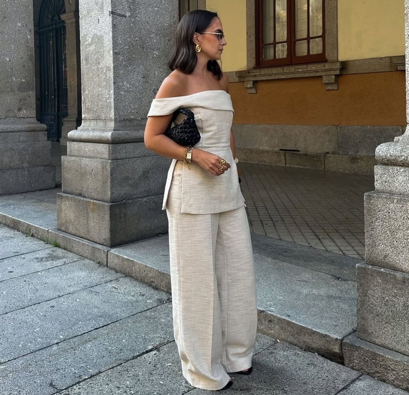 Linen Luxe – Off-Shoulder Set in Sand