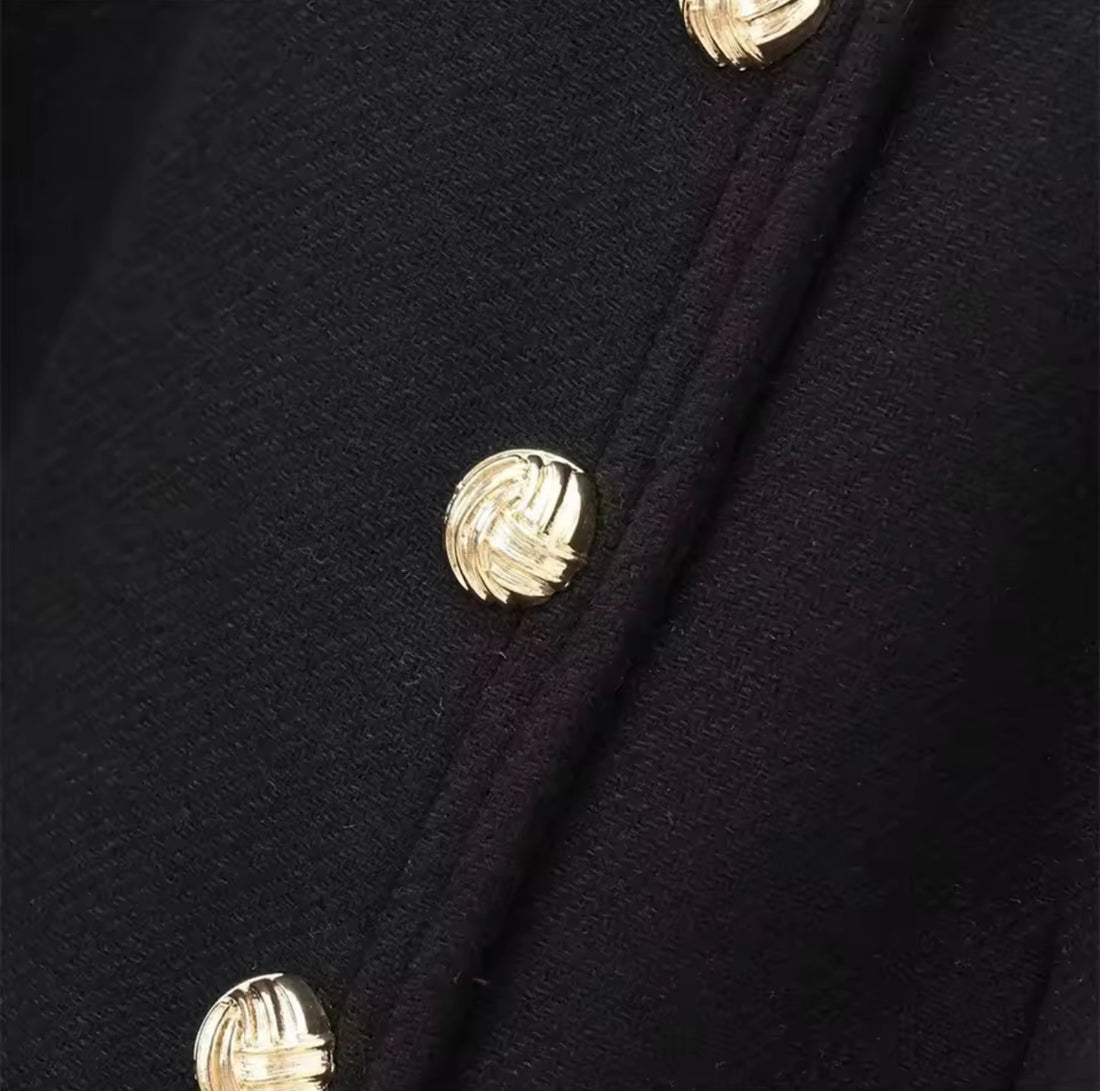 Noire Étoile – Eleganter Damen Blazer Mantel Schwarz mit Perlenknöpfen & Gürtel
