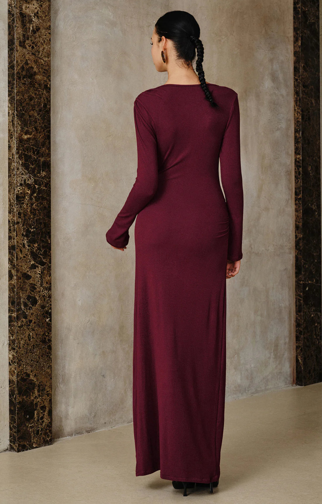 Bordeaux Abendkleid Damen Langarm – Elegantes Maxikleid mit Cut-Out