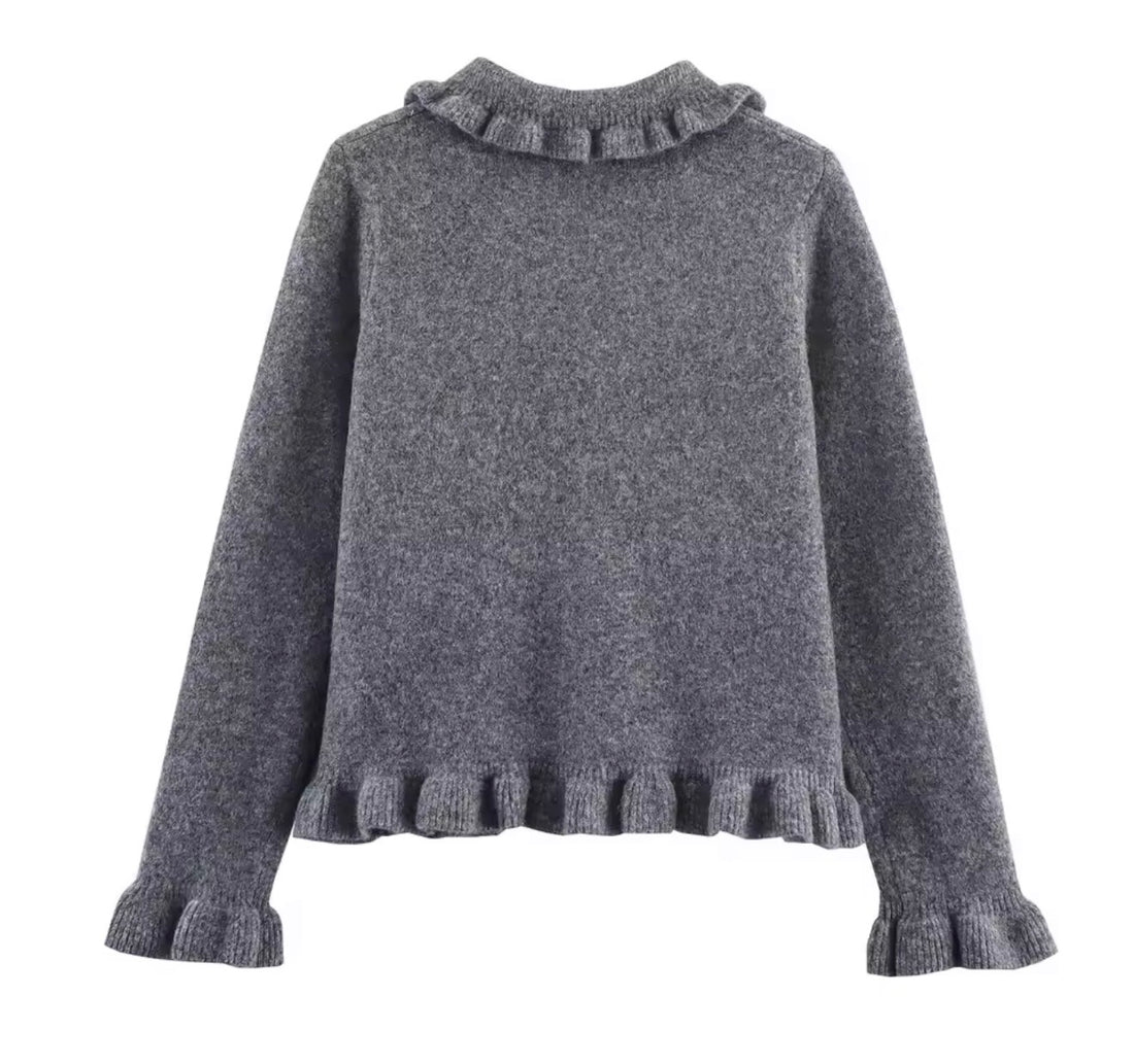 ELOVIA Damen Cardigan Grau – Strickjacke mit Rüschenkragen & Romantischem Design | Eleganter Pullover