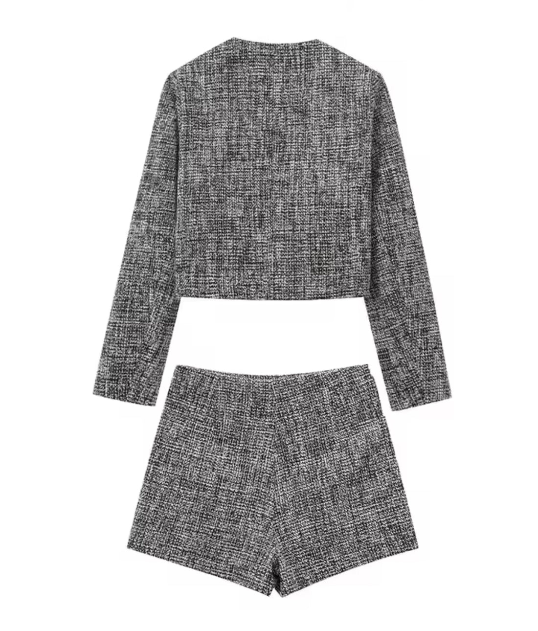 Zweiteiler Damen Set – Tweed Blazer Jacke & Minirock Grau