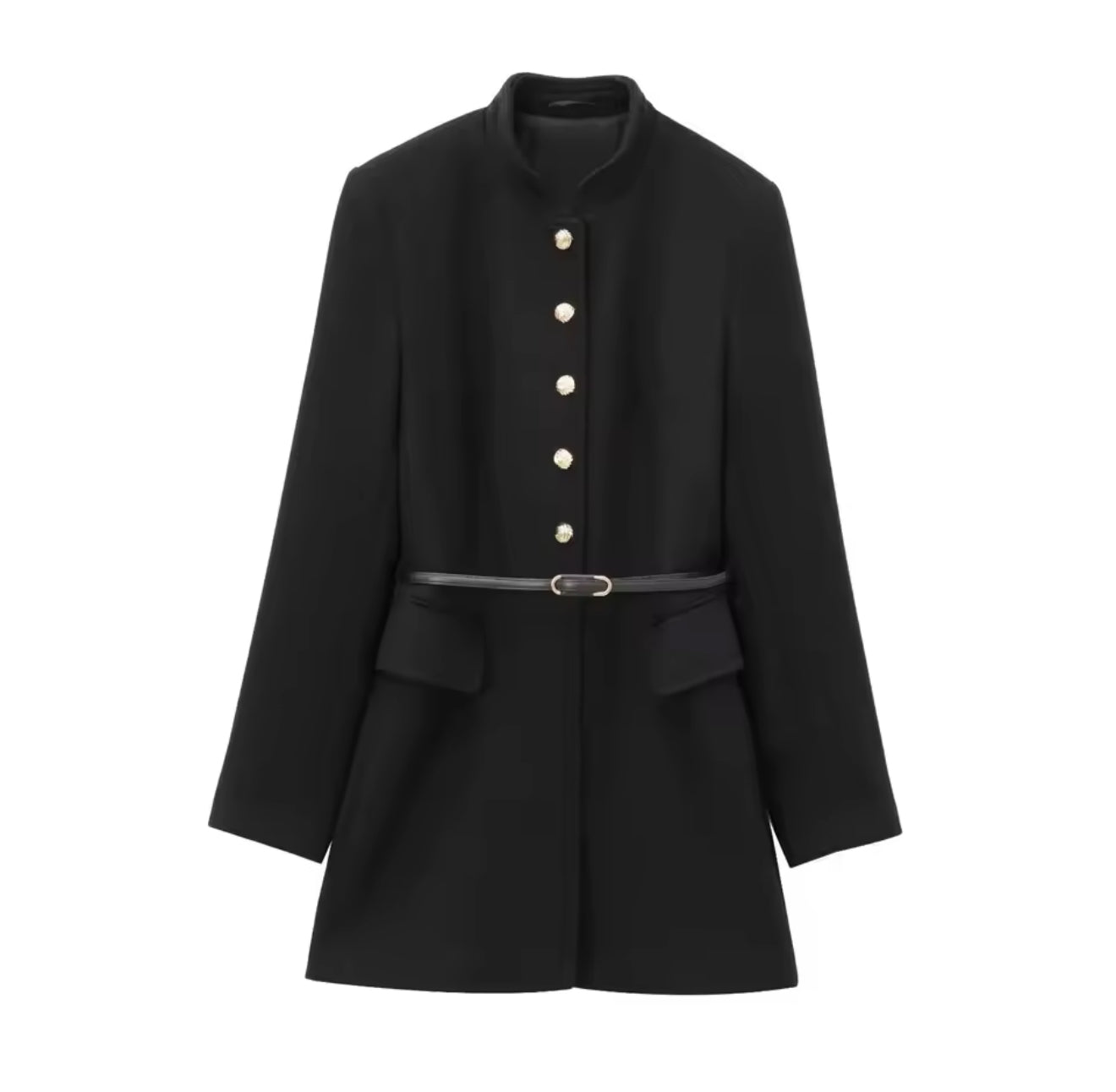 Noire Étoile – Eleganter Damen Blazer Mantel Schwarz mit Perlenknöpfen & Gürtel