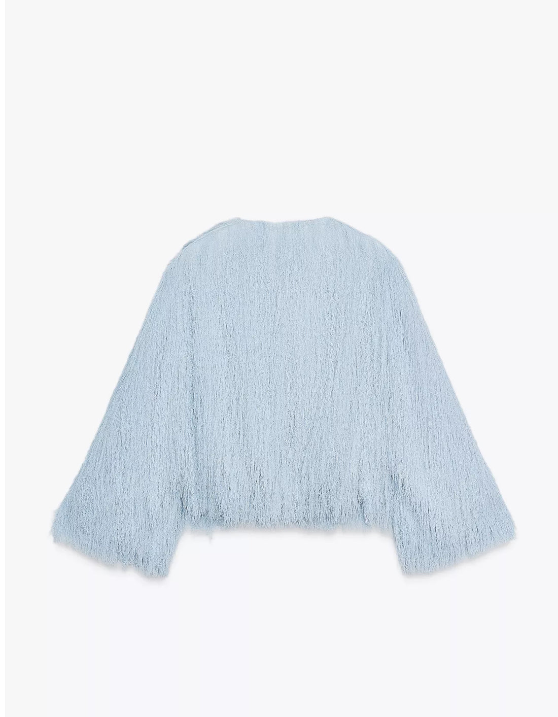 Damen Jacke Hellblau Kurz – Flauschige Fransen Übergangsjacke im Trend Look