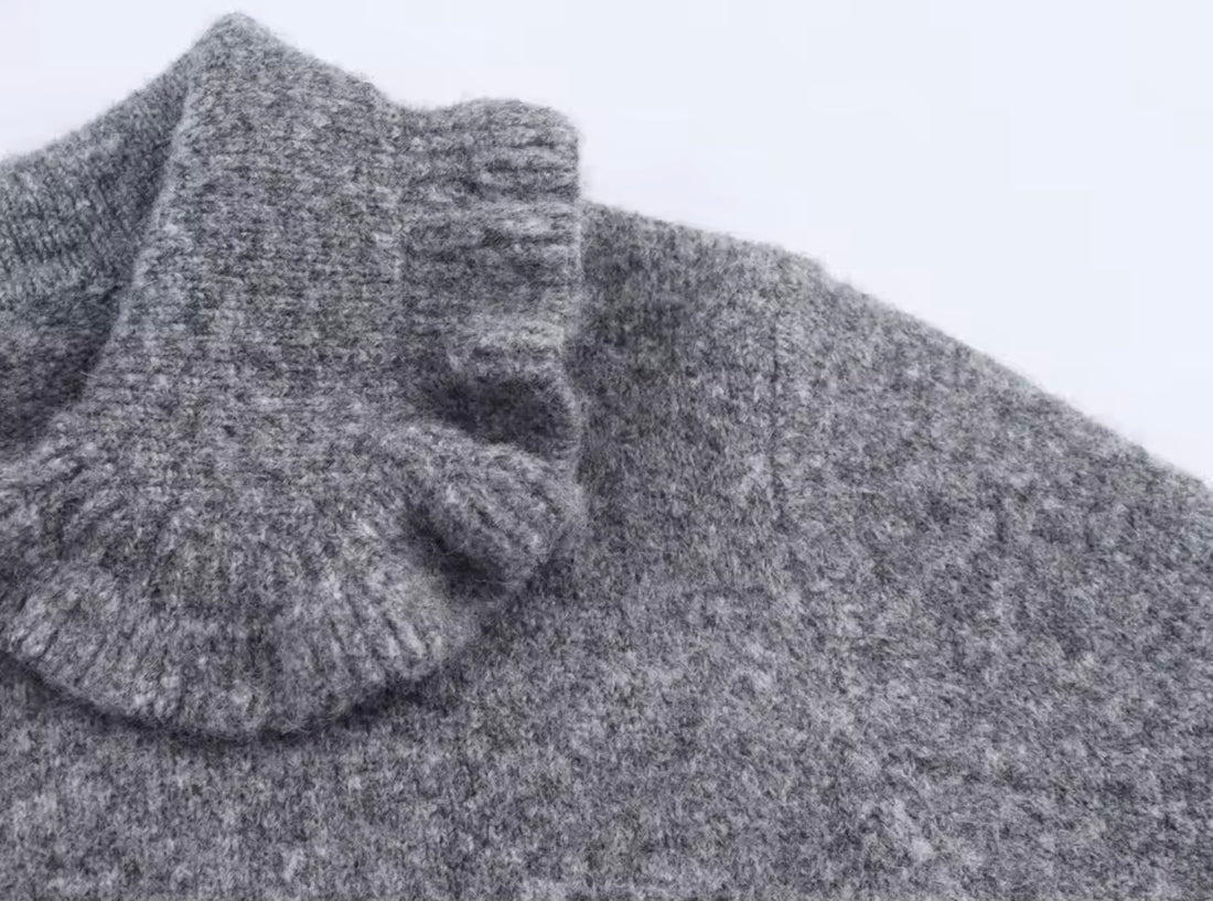 ELOVIA Damen Cardigan Grau – Strickjacke mit Rüschenkragen & Romantischem Design | Eleganter Pullover