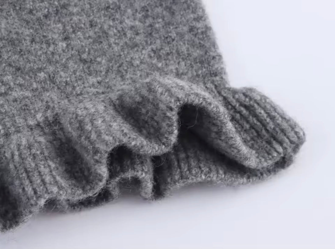 ELOVIA Damen Cardigan Grau – Strickjacke mit Rüschenkragen & Romantischem Design | Eleganter Pullover