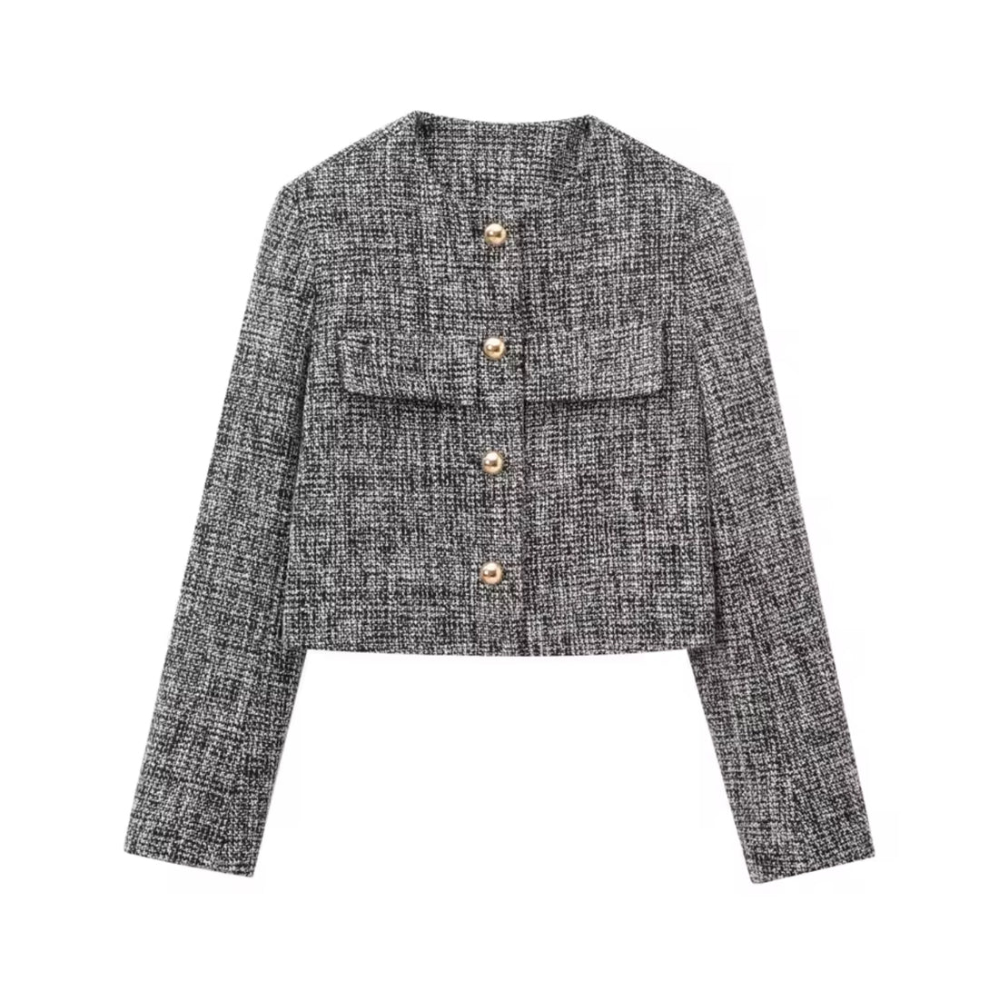 Zweiteiler Damen Set – Tweed Blazer Jacke & Minirock Grau
