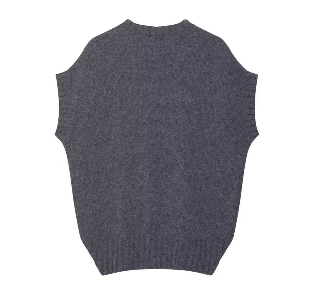 Oversize Strick Weste Damen Grau – Modischer Pullover ohne Ärmel mit Rundhalsausschnitt