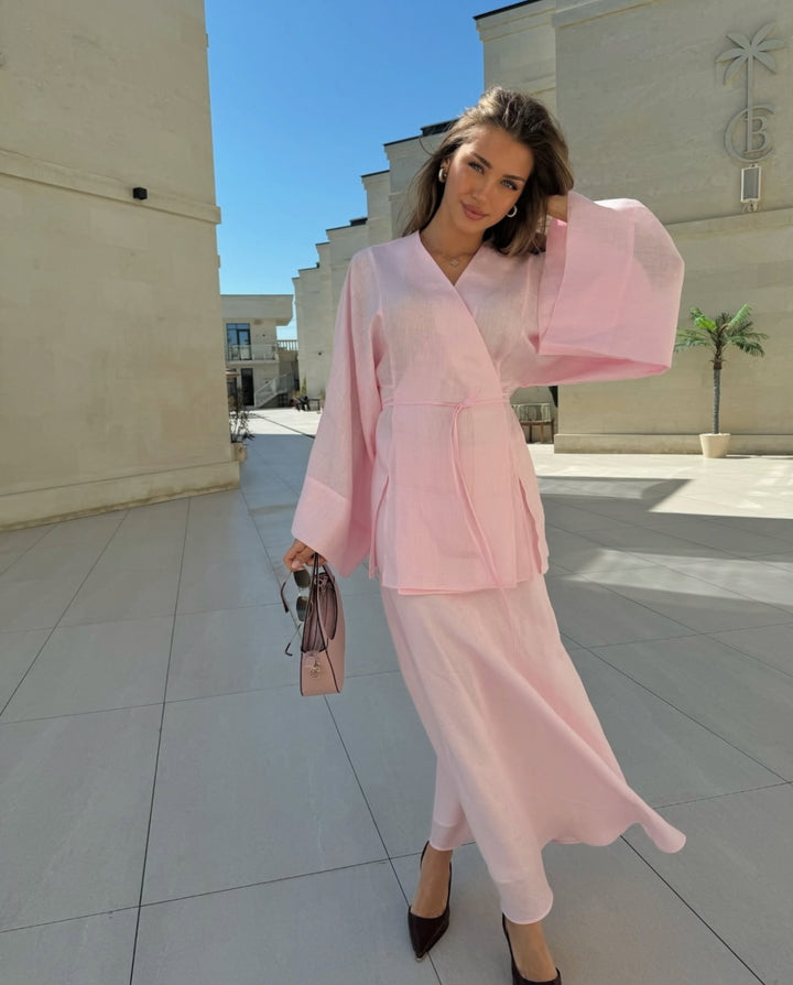 Kimono Style Set Damen – Zweiteiler in Pastellrosa aus Leinen