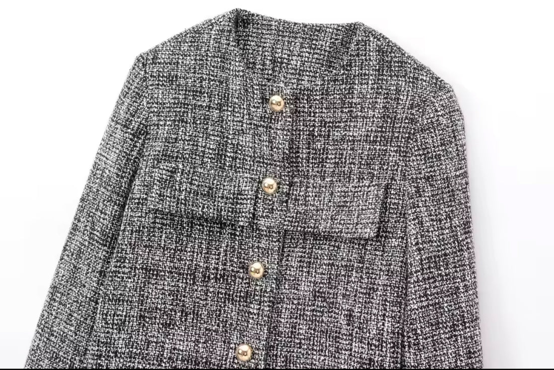 Zweiteiler Damen Set – Tweed Blazer Jacke & Minirock Grau