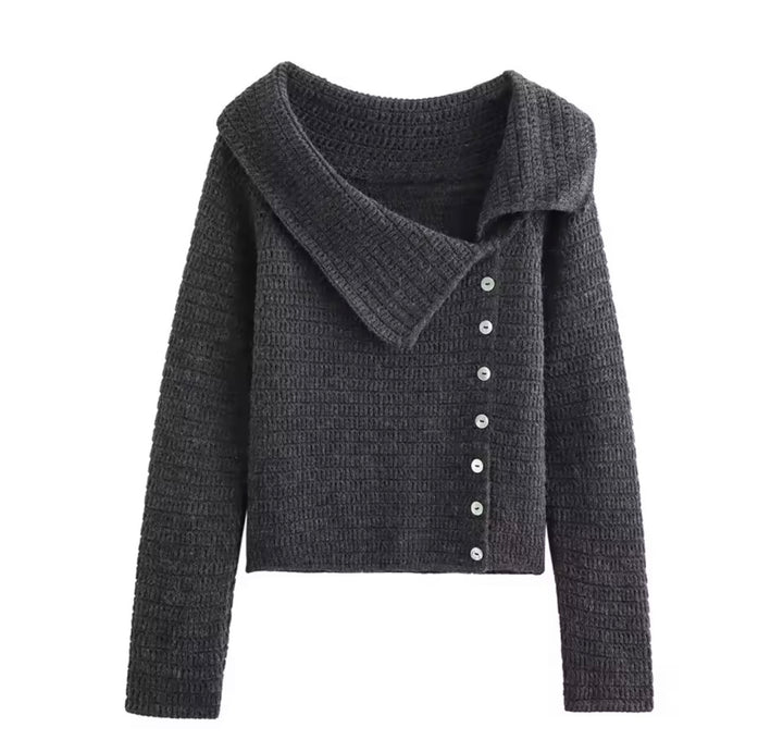 Knitique Damen Strickjacke Anthrazit – Modischer Asymmetrischer Pullover mit Knopfleiste