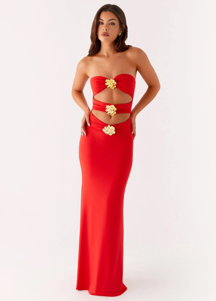 LA SIRENA – Hot Red Cut-Out Strandkleid mit Blüten-Detail