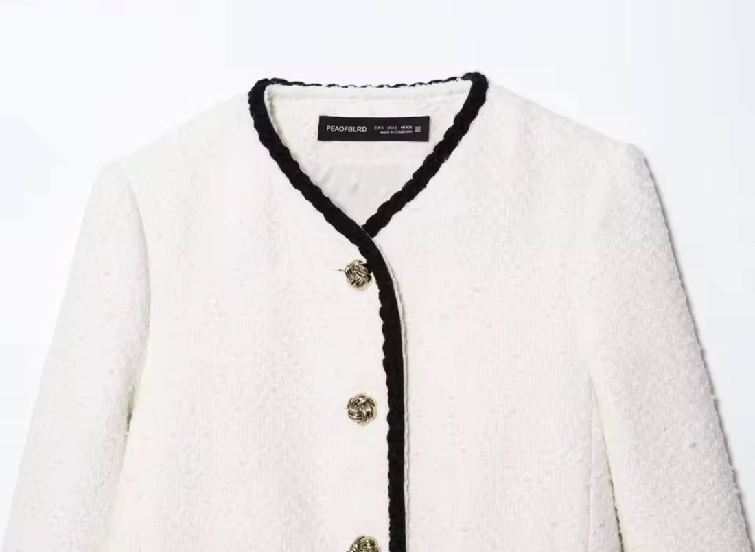 Damen Tweed Blazer Weiß Schwarz – Elegante Kurzjacke mit Knöpfen im Chanel Stil