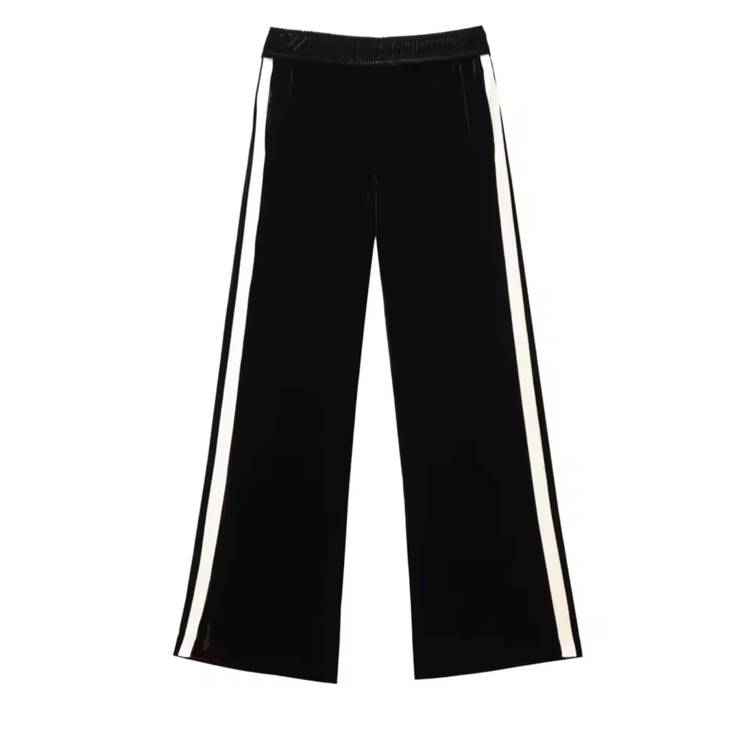 Zyora Damen Zweiteiler Set Schwarz Weiß – Elegante Bluse mit Kragen & Weite Hose mit Streifen