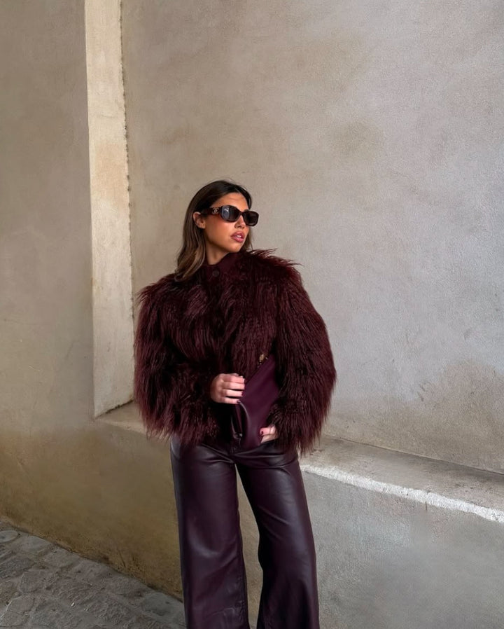 Maison Chic Damen Felljacke Bordeaux – Edle Kunstfelljacke in Felloptik