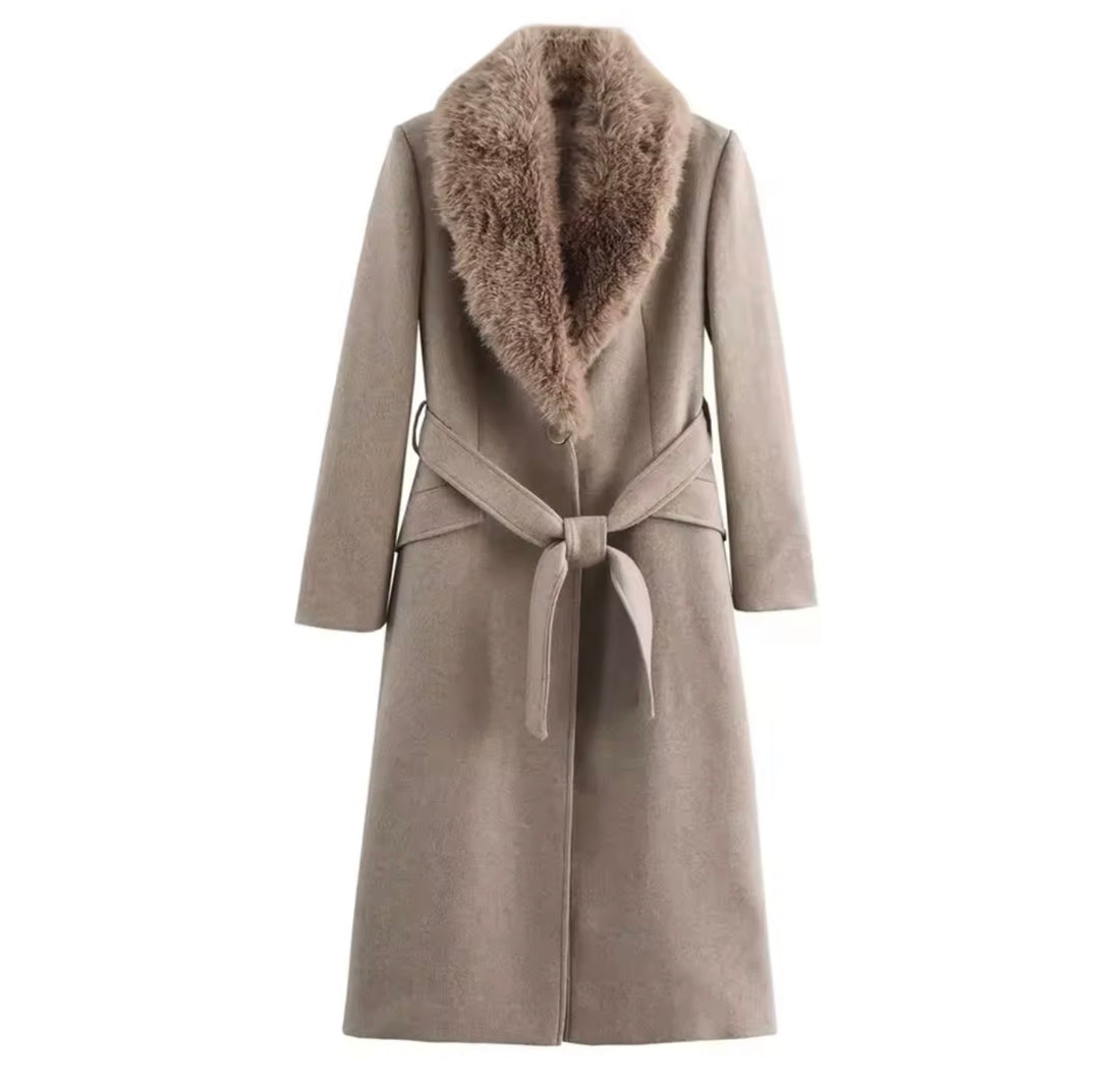 Velora Damen Wintermantel – Eleganter Wollmantel mit Kunstpelzkragen & Bindegürtel