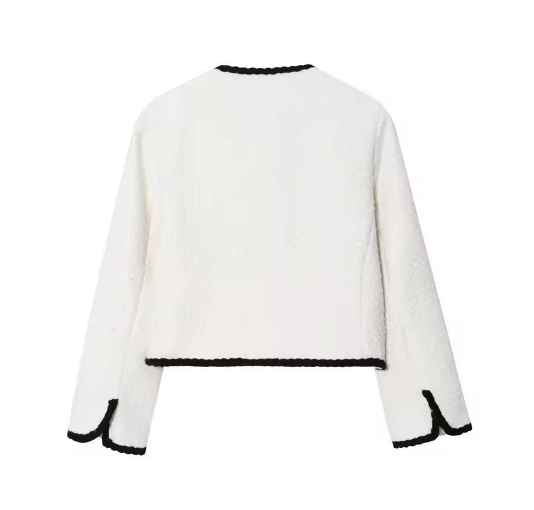 Damen Tweed Blazer Weiß Schwarz – Elegante Kurzjacke mit Knöpfen im Chanel Stil