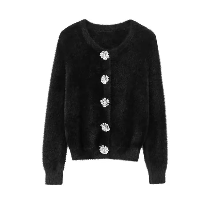 Zeyra – Elegante Schwarze Strickjacke Damen | Flauschiger Cardigan mit Glitzer Knöpfen