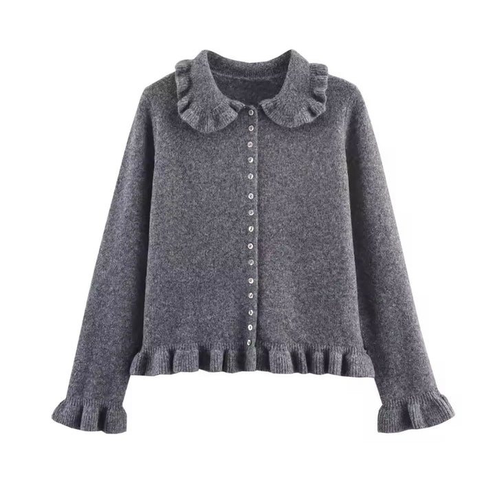 ELOVIA Damen Cardigan Grau – Strickjacke mit Rüschenkragen & Romantischem Design | Eleganter Pullover