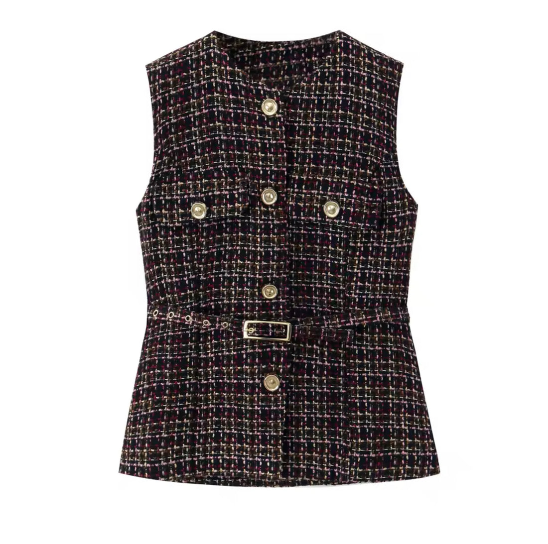 Elegante Damen Tweed Weste – Zeitloser Chic mit Gürtel & Knopfleiste