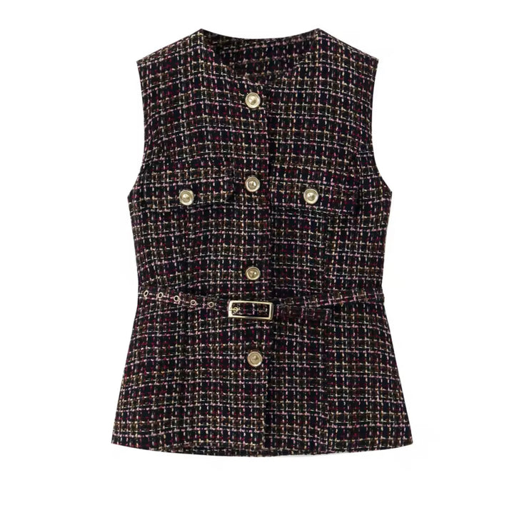 Elegante Damen Tweed Weste – Zeitloser Chic mit Gürtel & Knopfleiste