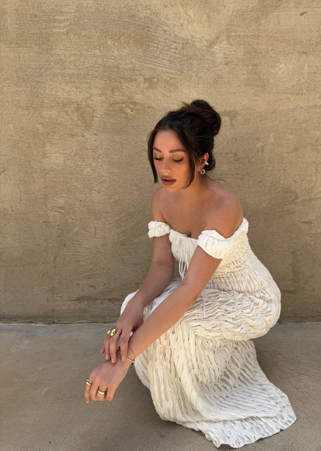 Boho Maxikleid Off-Shoulder– Sommerkleid aus Crinkle-Stoff