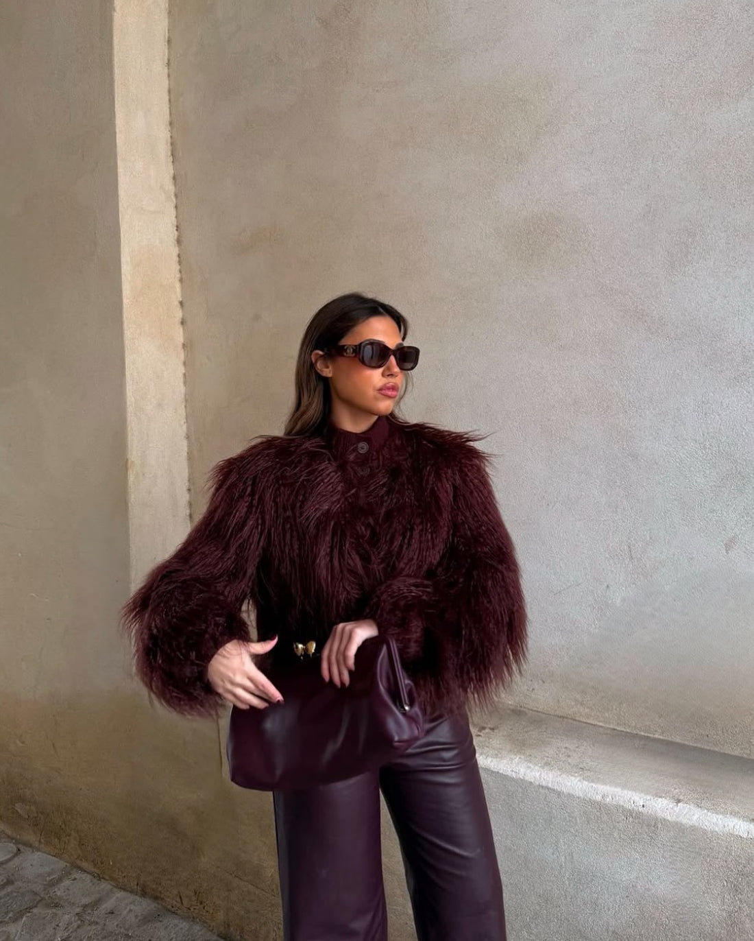 Maison Chic Damen Felljacke Bordeaux – Edle Kunstfelljacke in Felloptik