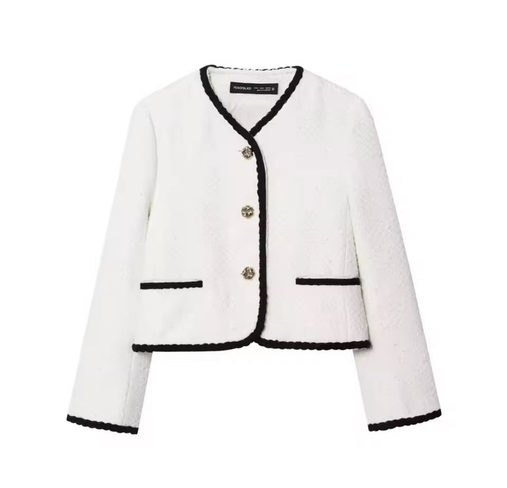 Damen Tweed Blazer Weiß Schwarz – Elegante Kurzjacke mit Knöpfen im Chanel Stil