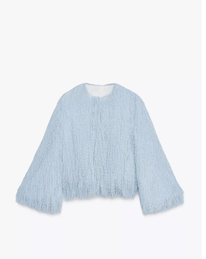 Damen Jacke Hellblau Kurz – Flauschige Fransen Übergangsjacke im Trend Look