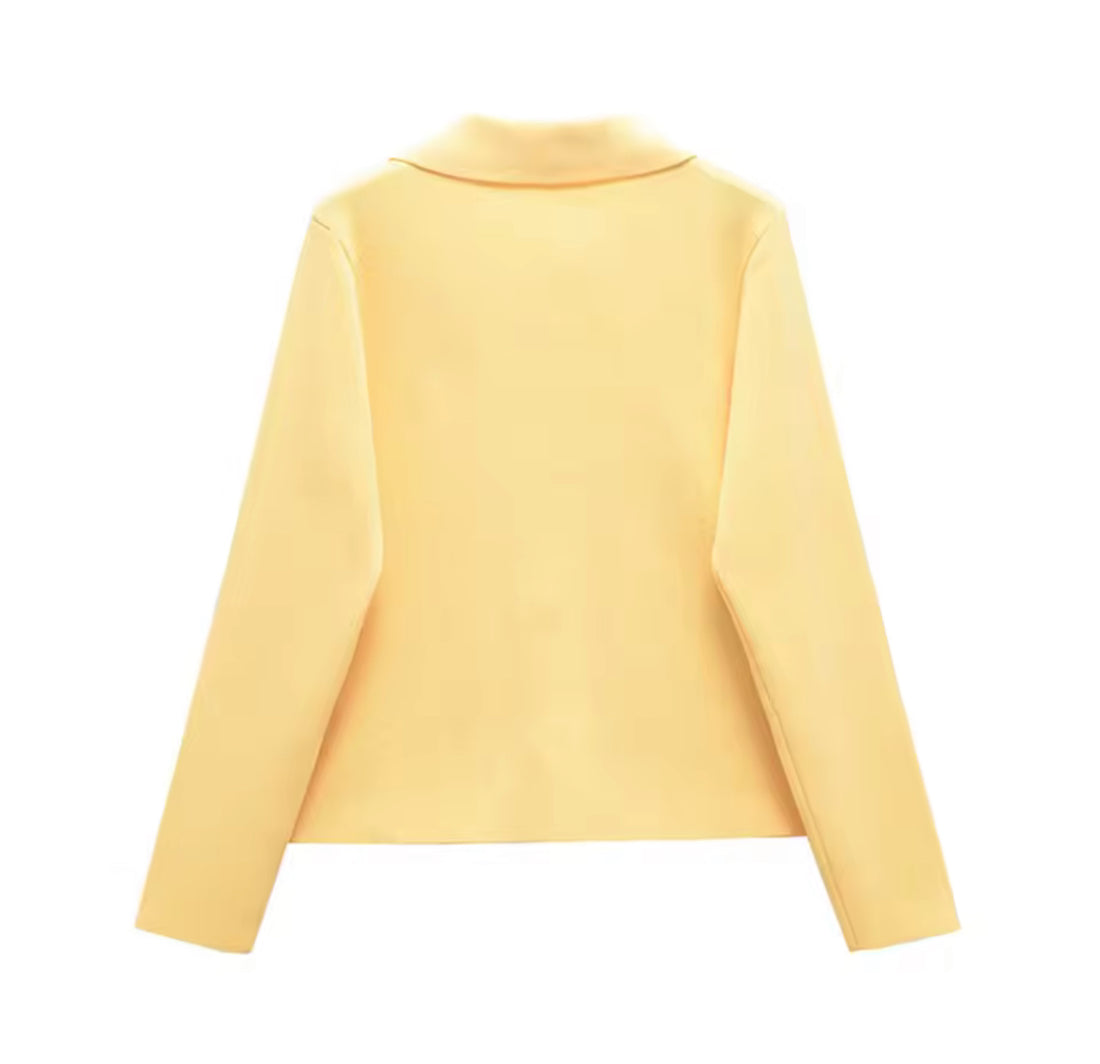Damen Blazer Gelb – Elegante Leichte Jacke mit Blumenknöpfen & Taschen