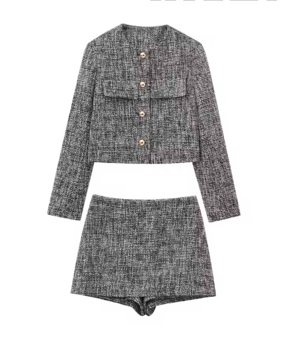 Zweiteiler Damen Set – Tweed Blazer Jacke & Minirock Grau