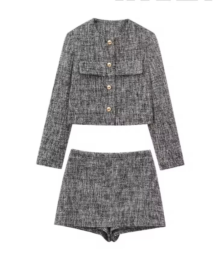 Zweiteiler Damen Set – Tweed Blazer Jacke & Minirock Grau
