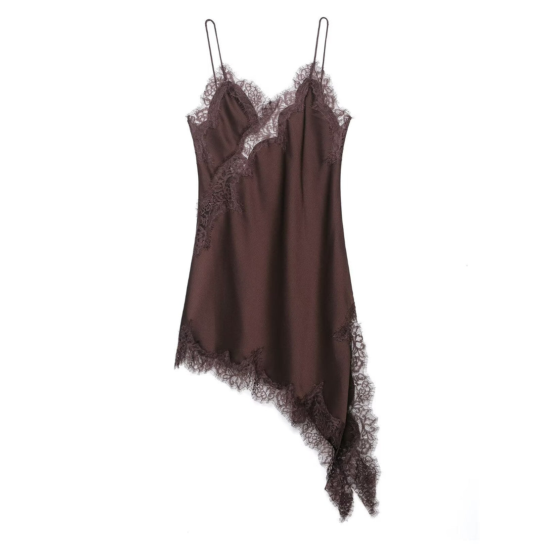 Noa Kleid – Braunes Satin Kleid mit Spitze im Asymmetrischen Schnitt