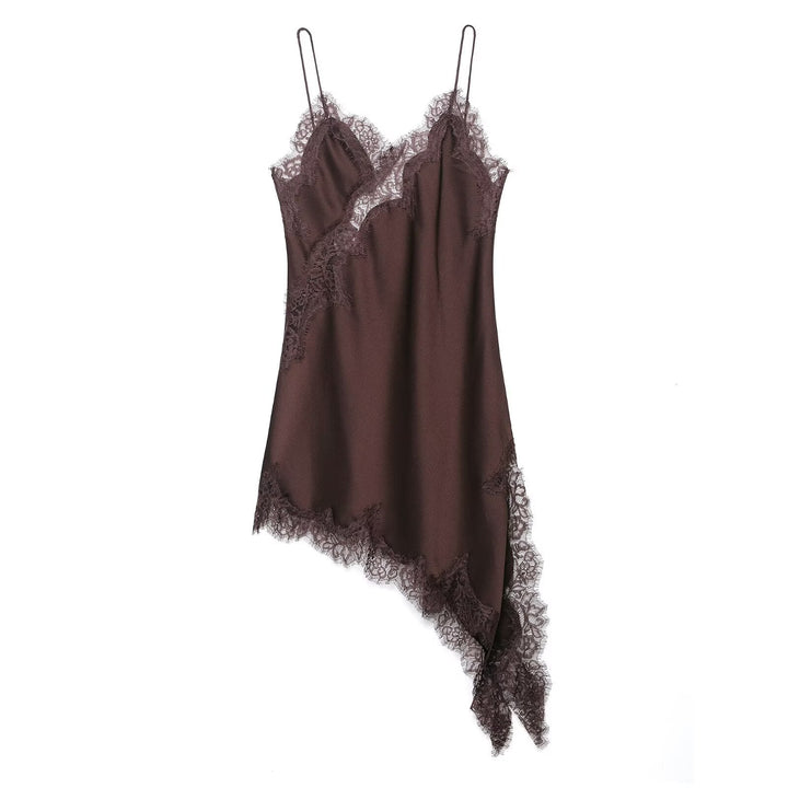 Noa Kleid – Braunes Satin Kleid mit Spitze im Asymmetrischen Schnitt