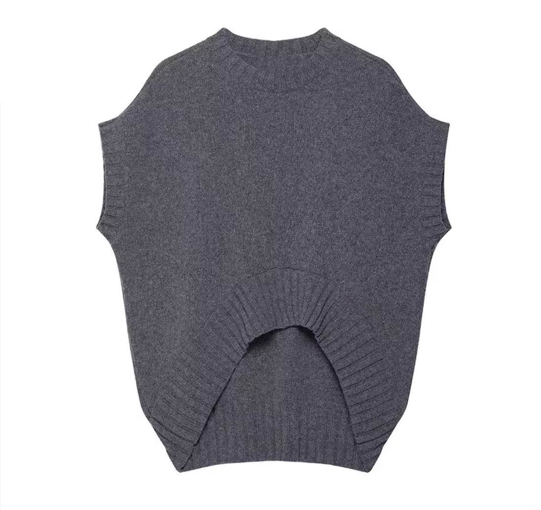 Oversize Strick Weste Damen Grau – Modischer Pullover ohne Ärmel mit Rundhalsausschnitt