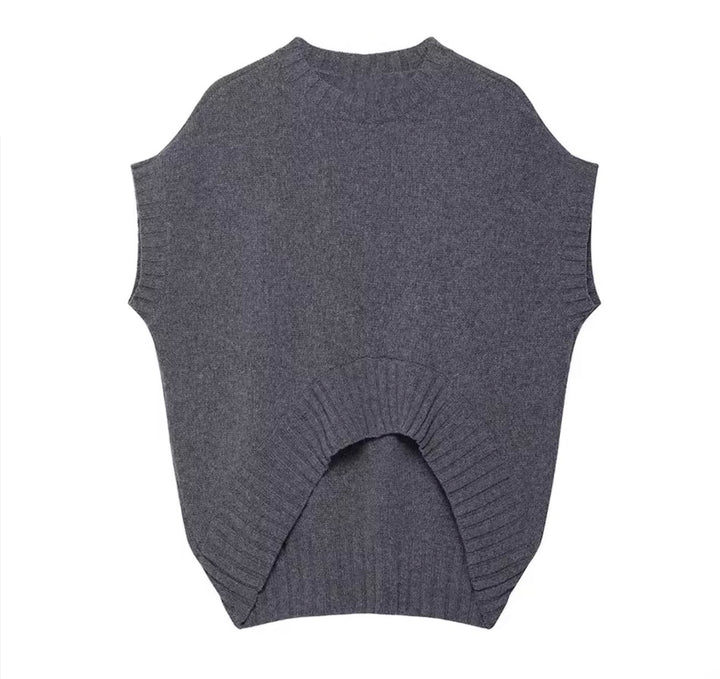 Oversize Strick Weste Damen Grau – Modischer Pullover ohne Ärmel mit Rundhalsausschnitt