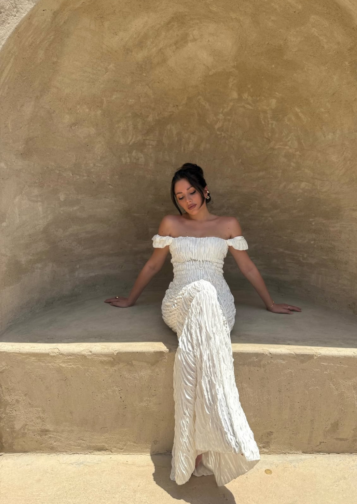 Boho Maxikleid Off-Shoulder– Sommerkleid aus Crinkle-Stoff