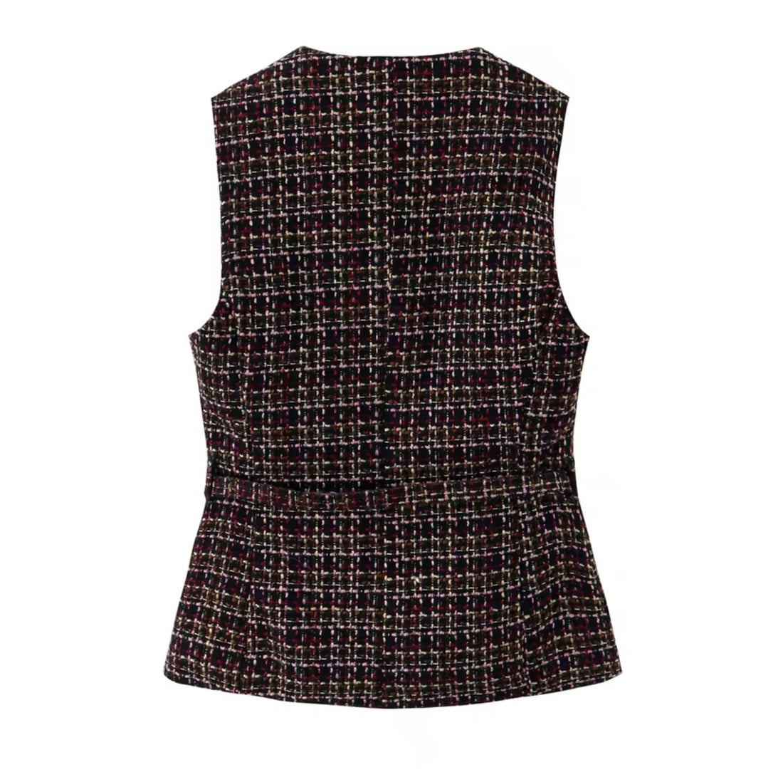 Elegante Damen Tweed Weste – Zeitloser Chic mit Gürtel & Knopfleiste
