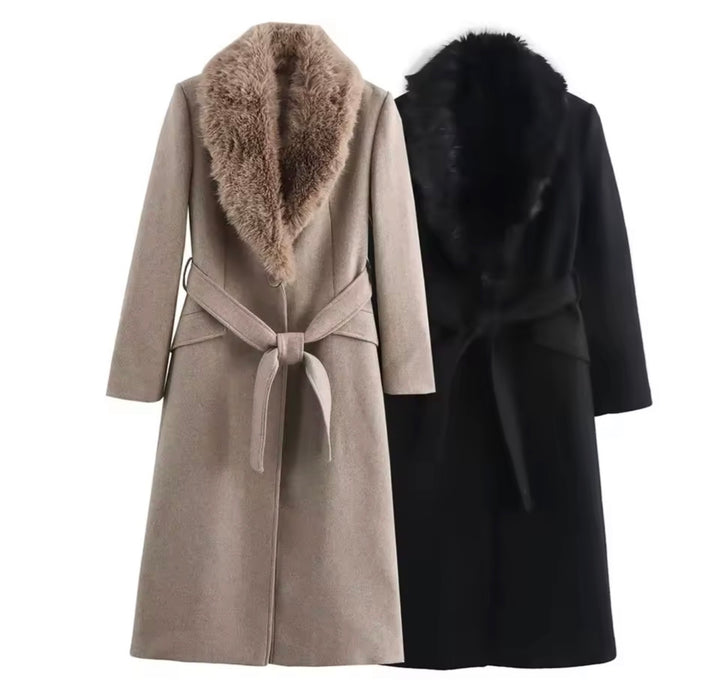 Velora Damen Wintermantel – Eleganter Wollmantel mit Kunstpelzkragen & Bindegürtel