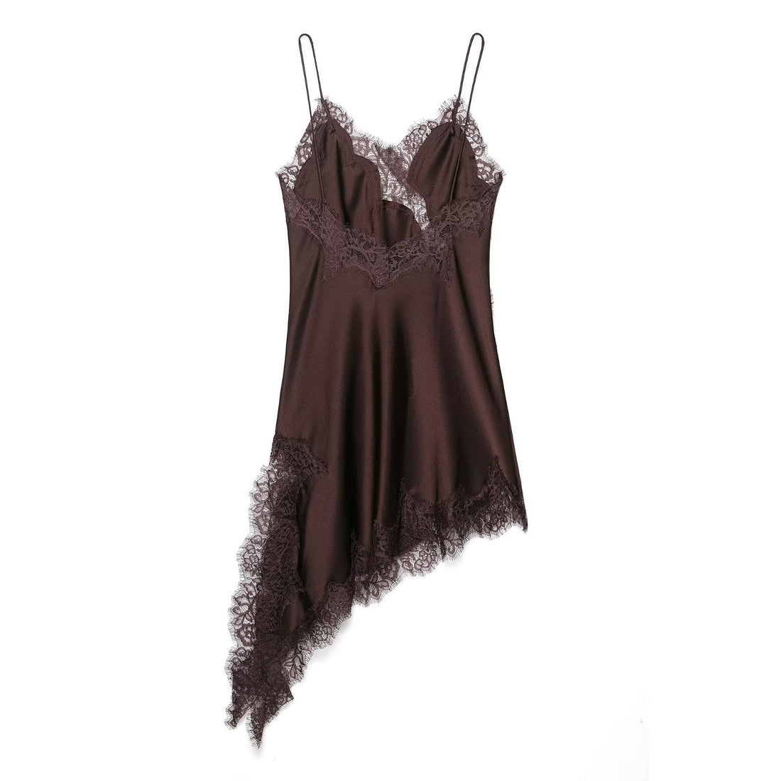 Noa Kleid – Braunes Satin Kleid mit Spitze im Asymmetrischen Schnitt