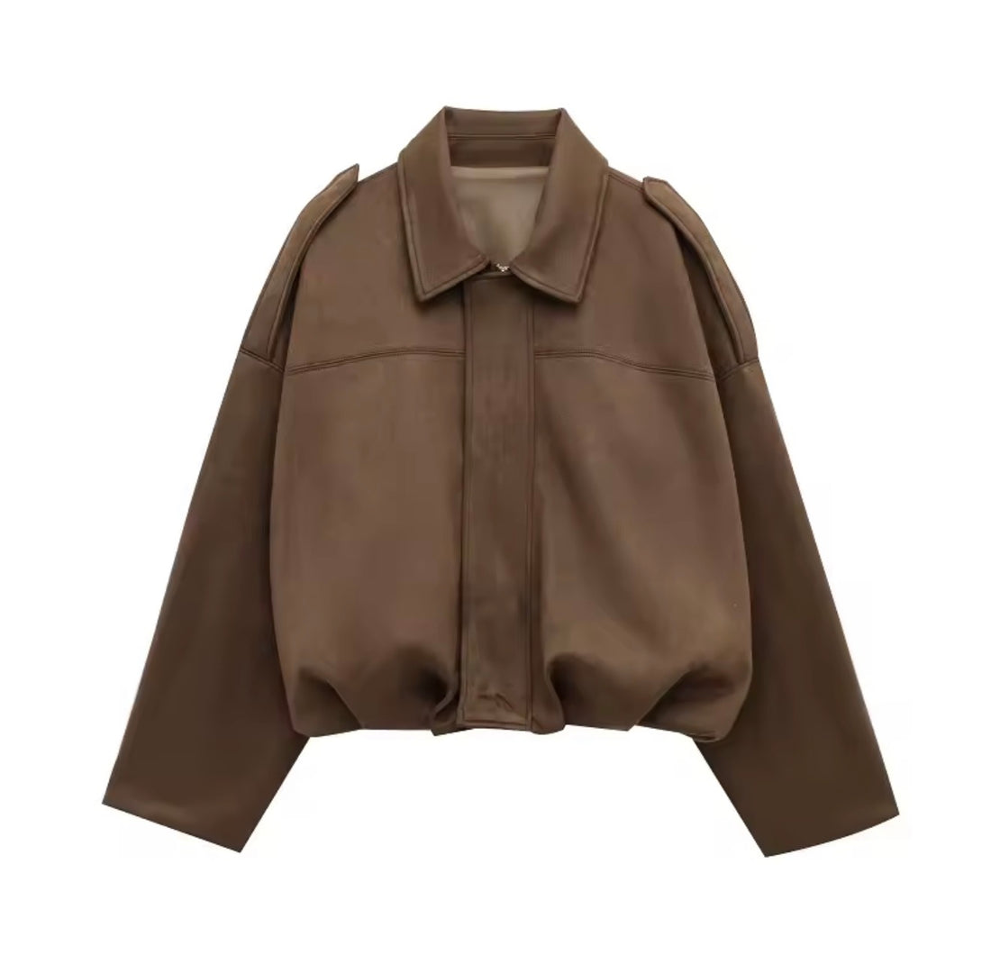 Oversize Damen Lederjacke Vintage Look – Herbst Winter Übergangsjacke