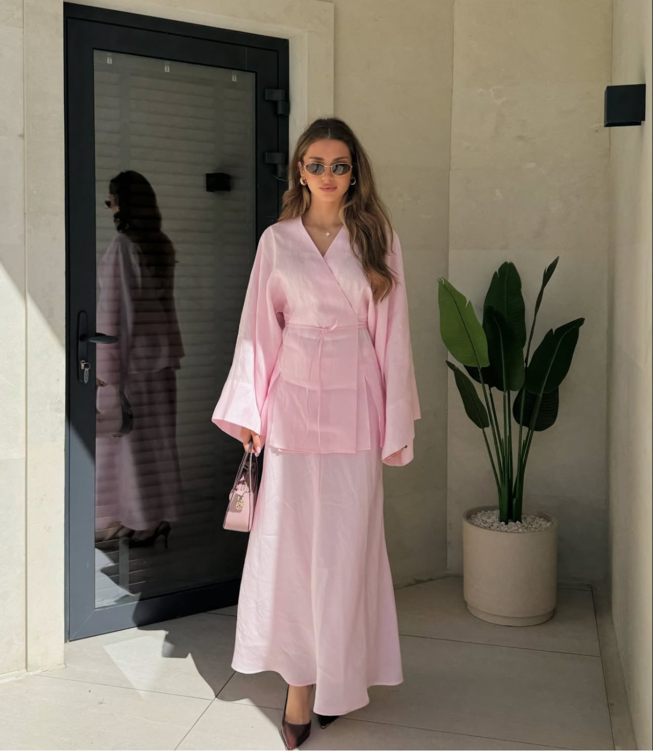 Kimono Style Set Damen – Zweiteiler in Pastellrosa aus Leinen