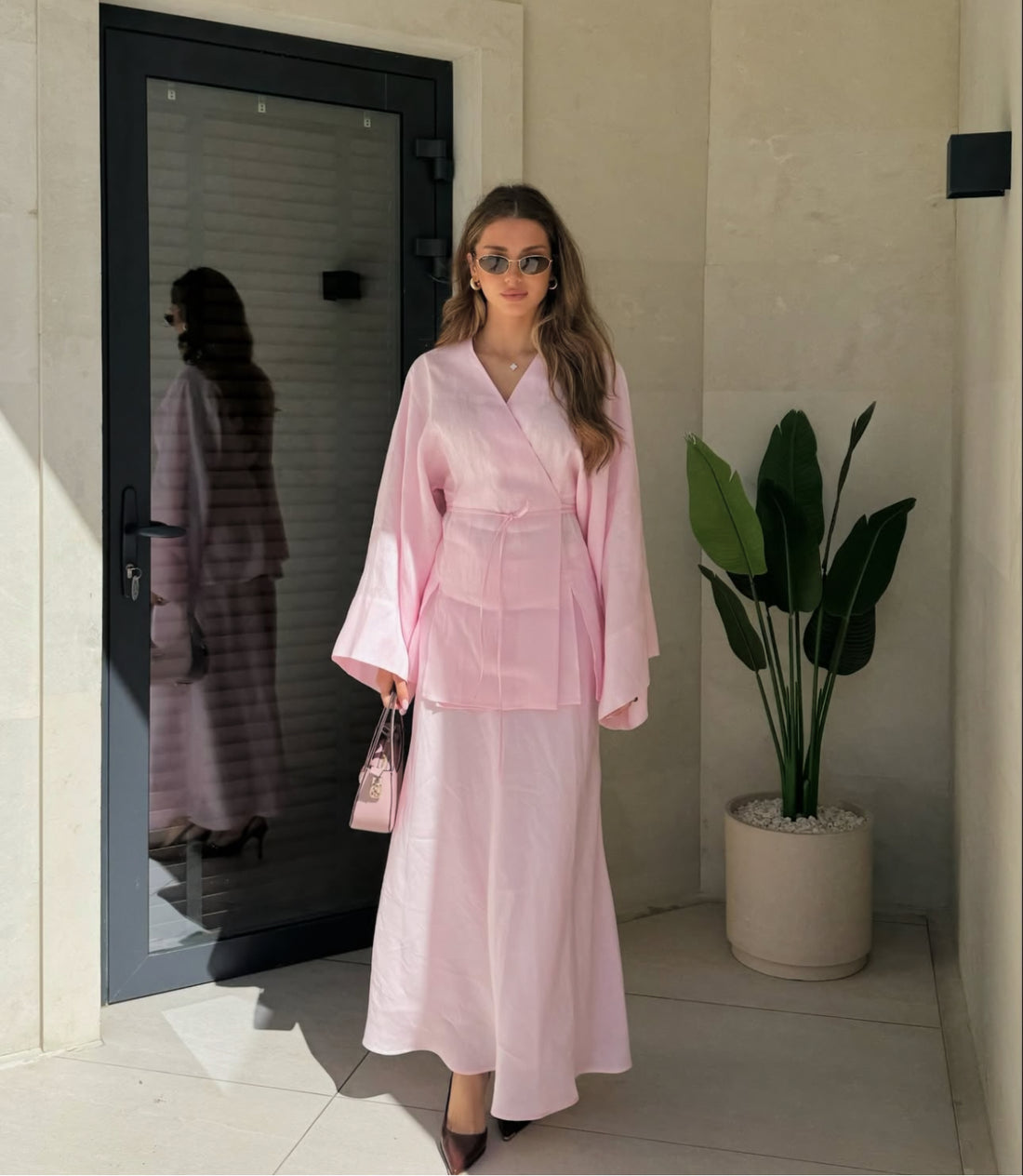 Kimono Style Set Damen – Zweiteiler in Pastellrosa aus Leinen