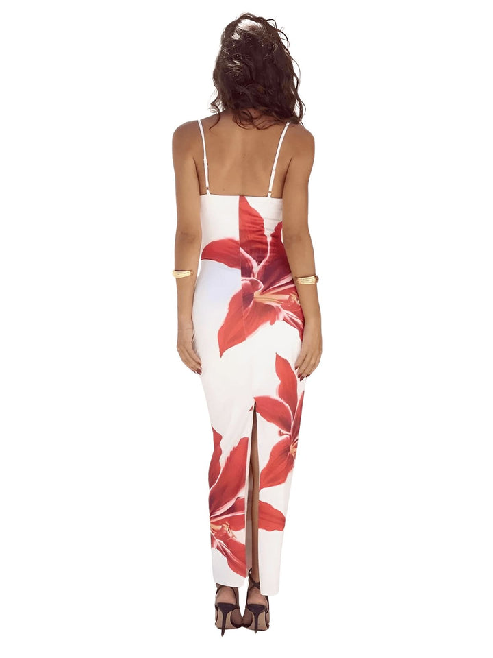 Robe longue blanche à fleurs rouges