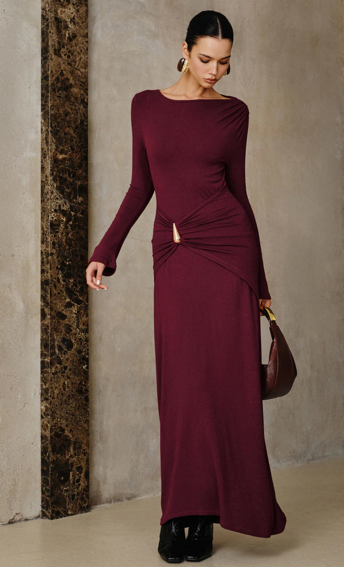 Bordeaux Abendkleid Damen Langarm – Elegantes Maxikleid mit Cut-Out