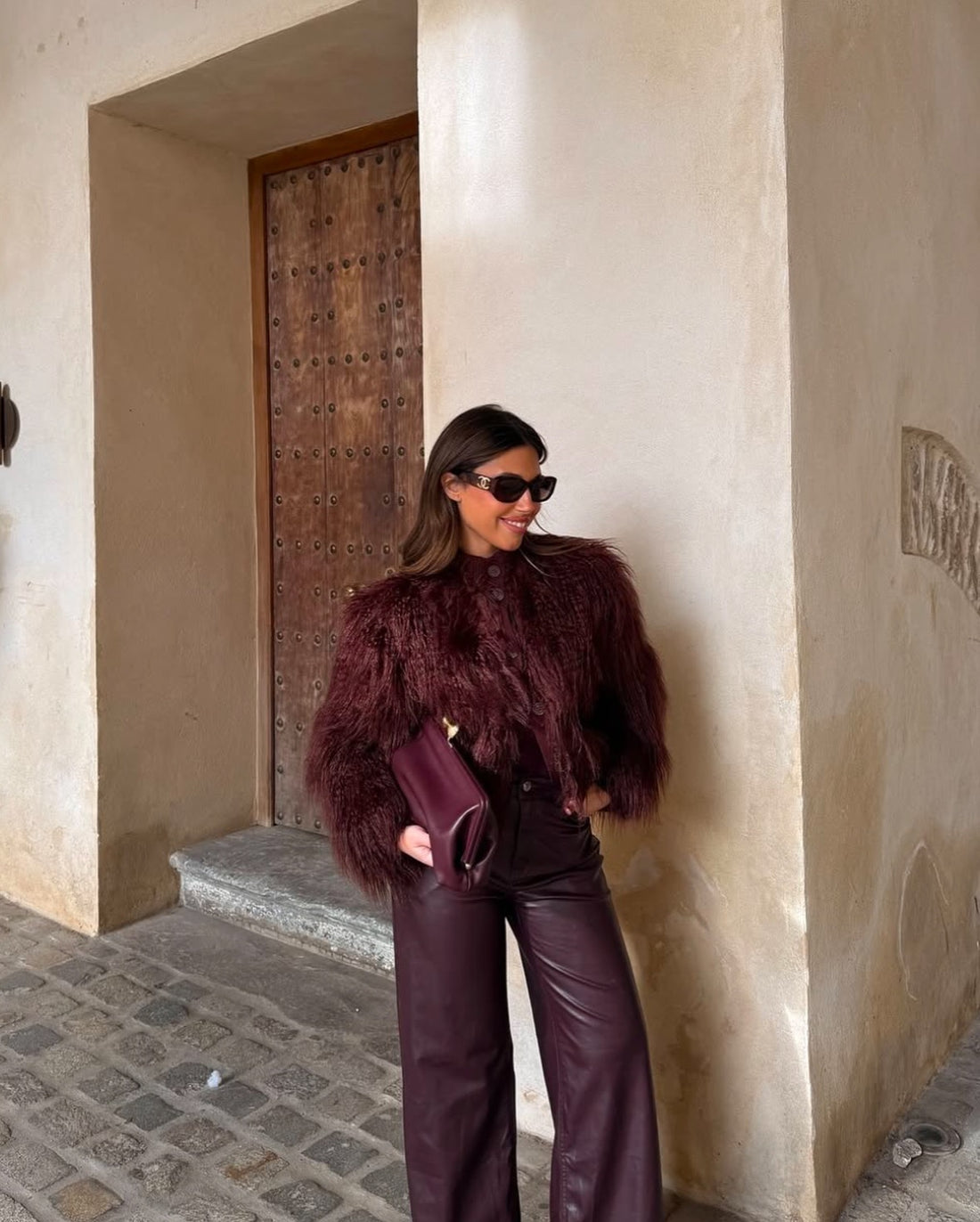 Maison Chic Damen Felljacke Bordeaux – Edle Kunstfelljacke in Felloptik
