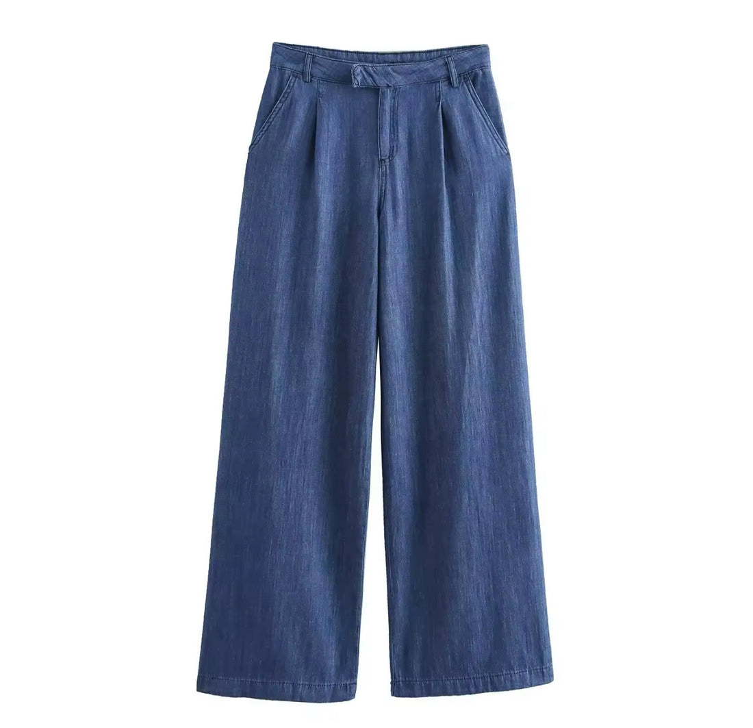 LYNNORA Damen Denim Set – Zweiteiler mit Weitbein-Hose & Taillierter Bluse aus Leichtem Jeansstoff