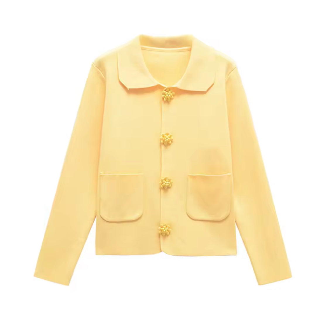 Damen Blazer Gelb – Elegante Leichte Jacke mit Blumenknöpfen & Taschen