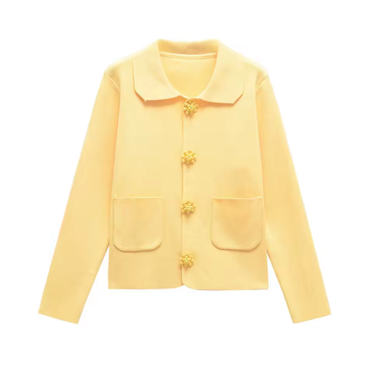Damen Blazer Gelb – Elegante Leichte Jacke mit Blumenknöpfen & Taschen