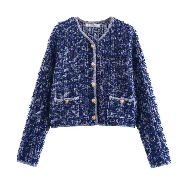 DEEBAE Damen Strickjacke Blau – Elegante Bouclé Cardigan mit Goldknöpfen & Taschen